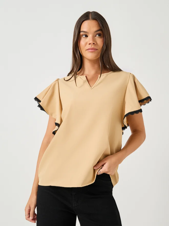 تايك تو Take Two Women Contrast Lace Trim Flounce Sleeves Blouse