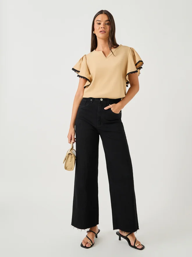 Take Two Take Two Women Contrast Lace Trim Flounce Sleeves Blouse