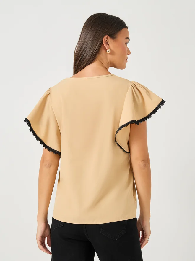 Take Two Take Two Women Contrast Lace Trim Flounce Sleeves Blouse