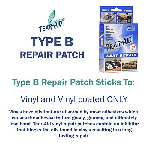 TEAR-AID Vinyl Seat Repair Kit, Type B Clear Patch for Vinyl and Vinyl-Coated Materials, Works On Cars, Motorcycles, Jetski, Boats & More, Blue Box, Single Pack - Image 2