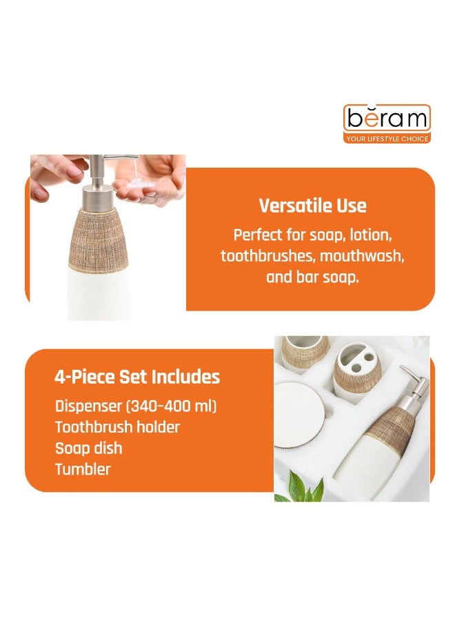 بيرام مجموعة برام 4 قطع من إكسسوارات الحمام الخزفية، مجموعة ذات مظهر أبيض وبني مع موزع لوشن، حامل فرشاة أسنان، كوب وصحن صابون، منظم حديث لسطح الحمام (مجموعة 4 قطع) - Image 4