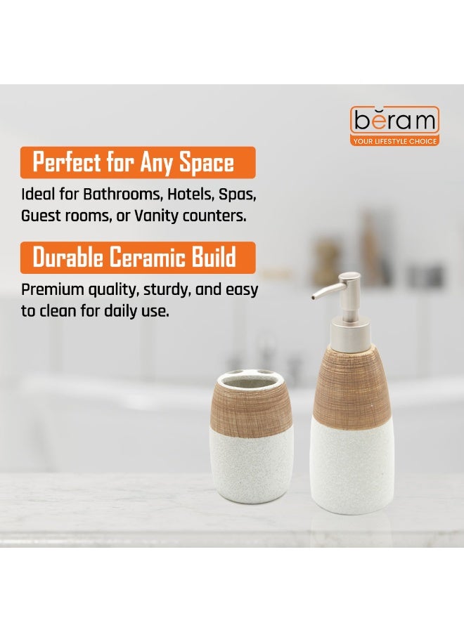 بيرام مجموعة برام 4 قطع من إكسسوارات الحمام الخزفية، مجموعة ذات مظهر أبيض وبني مع موزع لوشن، حامل فرشاة أسنان، كوب وصحن صابون، منظم حديث لسطح الحمام (مجموعة 4 قطع) - Image 3