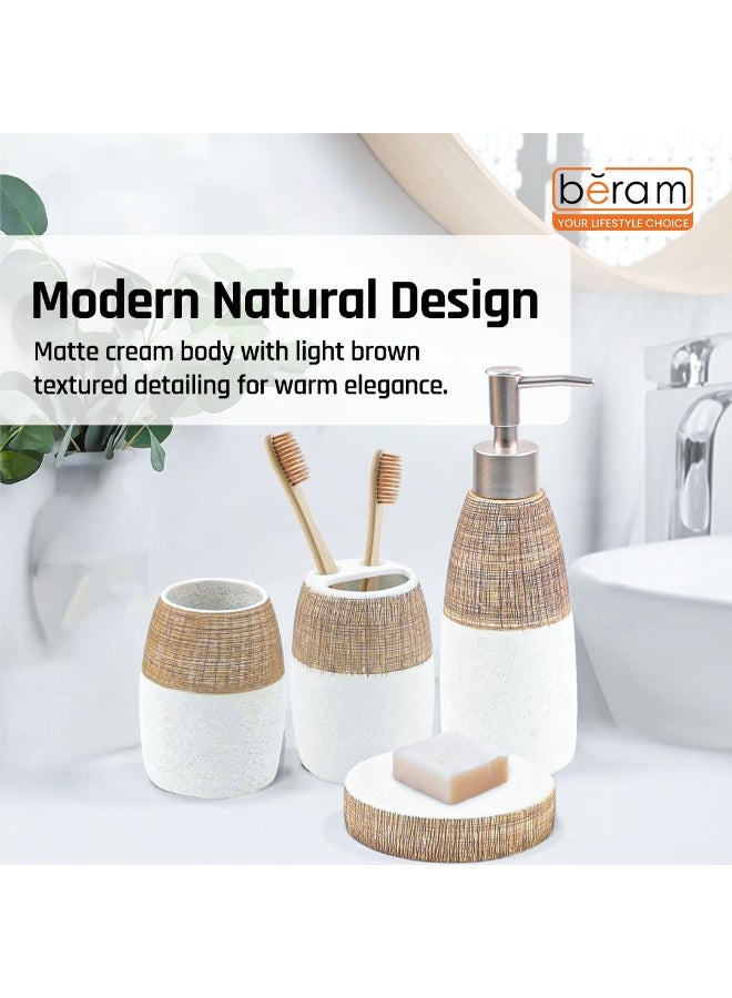بيرام مجموعة برام 4 قطع من إكسسوارات الحمام الخزفية، مجموعة ذات مظهر أبيض وبني مع موزع لوشن، حامل فرشاة أسنان، كوب وصحن صابون، منظم حديث لسطح الحمام (مجموعة 4 قطع) - Image 5
