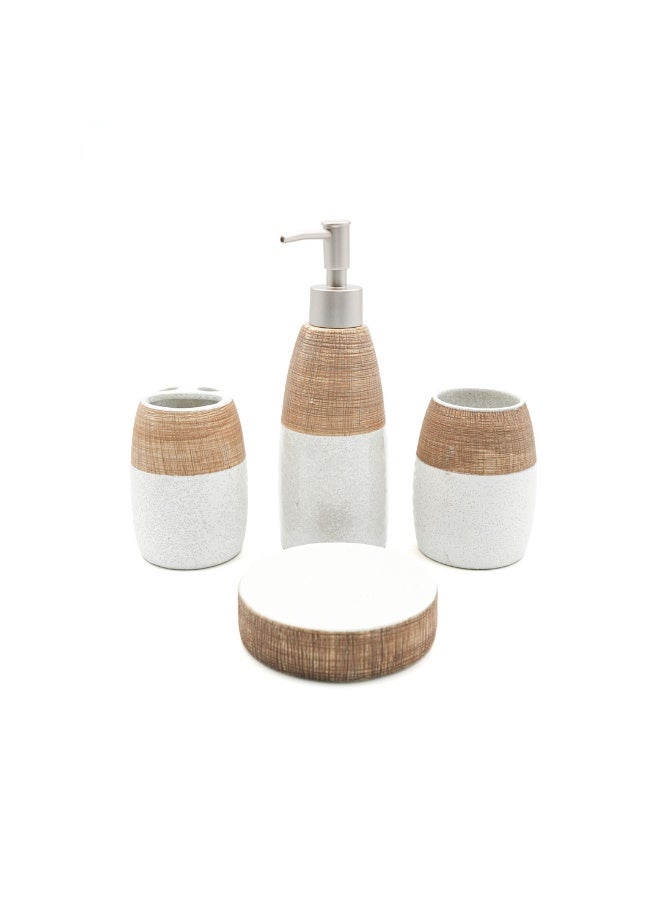 بيرام مجموعة برام 4 قطع من إكسسوارات الحمام الخزفية، مجموعة ذات مظهر أبيض وبني مع موزع لوشن، حامل فرشاة أسنان، كوب وصحن صابون، منظم حديث لسطح الحمام (مجموعة 4 قطع) - Image 1