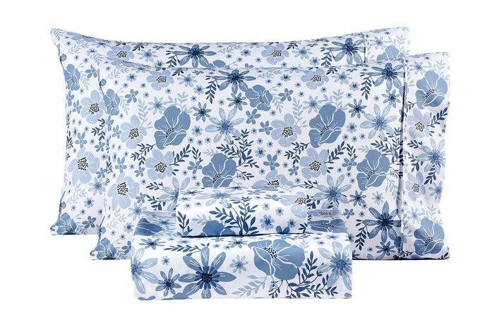 QUEEN SIZE SHEETS SET 4 PIECE SOFT BREATHABLE MICROFIBER BED SHEET SET BLUE WHITE FLOWER PATTERN SHEET SET QUEEN DEEP POCKET NONSLIP FLORAL FITTED SHEET INCLUDED FOR ALL SEASON