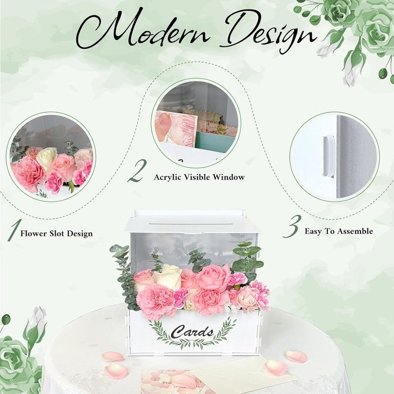 OurWarm Wooden Wedding Card Box with Flower Trough, White Gift Card Box for Wedding with Acrylic Board, Weddings Cards Boxes for Reception Graduation Birthday Party Bridal Baby Shower Decorations - Image 4
