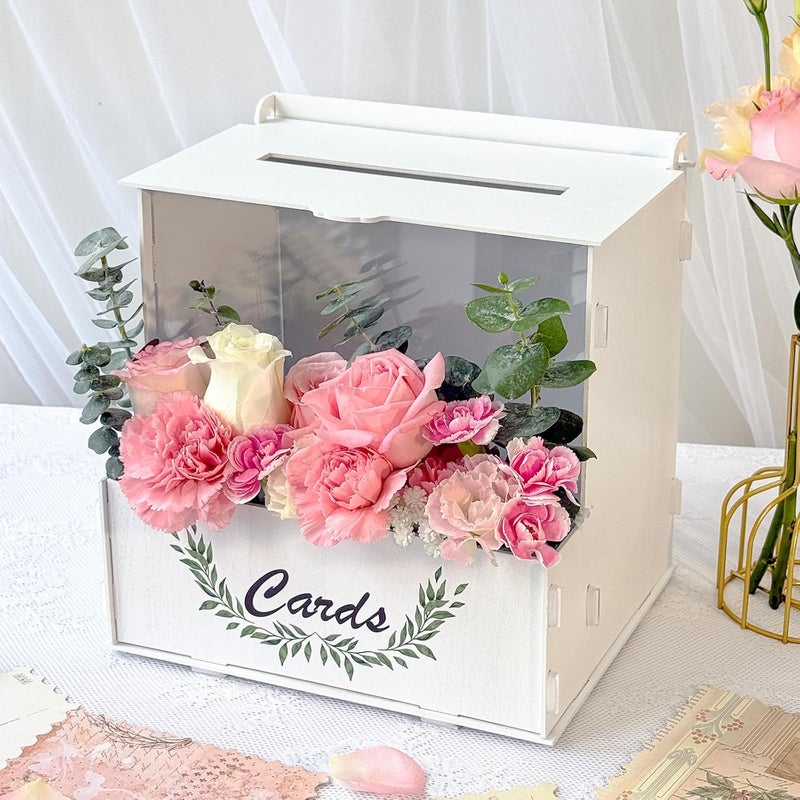 OurWarm Wooden Wedding Card Box with Flower Trough, White Gift Card Box for Wedding with Acrylic Board, Weddings Cards Boxes for Reception Graduation Birthday Party Bridal Baby Shower Decorations - Image 1