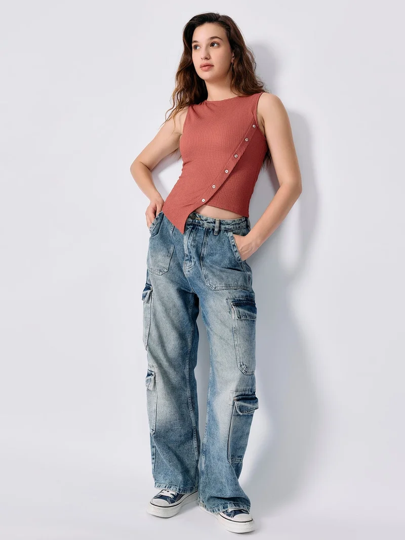 Outzidr  Coral Textured Assymetric Hem Tank for Women | Best Price UAE