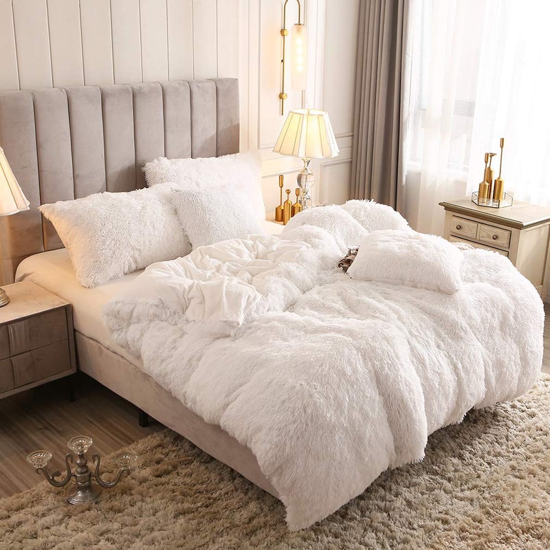 Uhamho Faux Fur Velvet Fluffy Bedding Duvet Cover Set Down Comforter Quilt Cover with Pillow Shams, Ultra Soft Warm (White, King) - Image 2