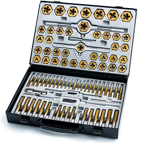 EFFICERE 86-Piece Master Tap and Hex Die Set, Premium Titanium Coating | SAE Size #4 to 5/8”, Metric Size M3 to M16 | For All Coarse, Fine, Pipe Threads | Complete with Holders, Stocks, Gauges and Metal Case - Image 1