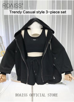 roaiss Women 3 Piece Set Hooded Long Sleeve Sweatshirt with Zip & Anti Exposure Camisole Tank Top & Shorts Classic and Timeless Solid Color Design Loose Fit to Enhance the Figure  - Image 2