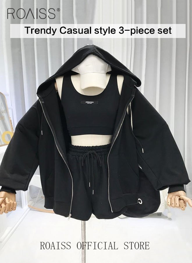 roaiss Women 3 Piece Set Hooded Long Sleeve Sweatshirt with Zip & Anti Exposure Camisole Tank Top & Shorts Classic and Timeless Solid Color Design Loose Fit to Enhance the Figure  - Image 2