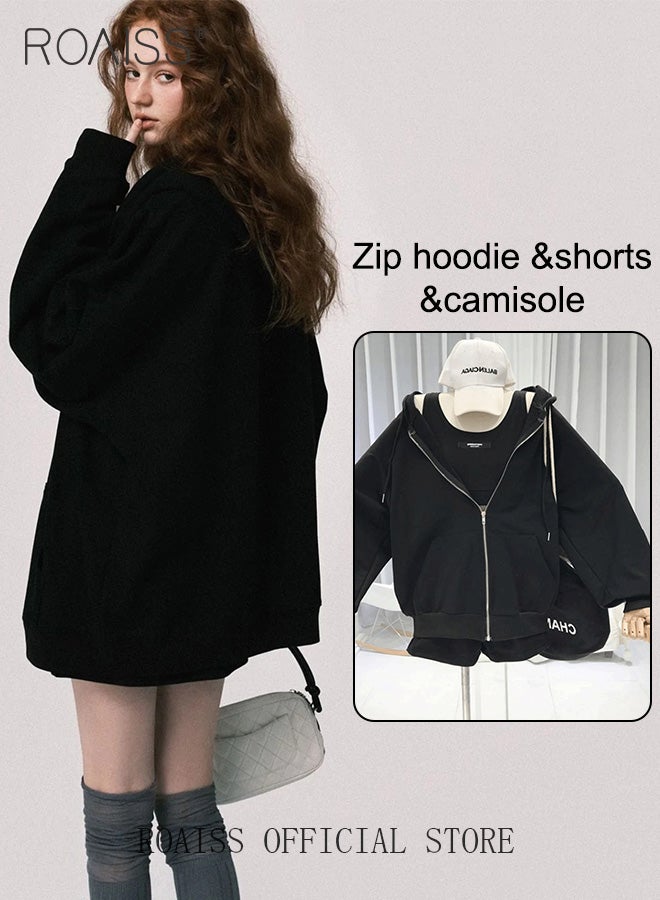 roaiss Women 3 Piece Set Hooded Long Sleeve Sweatshirt with Zip & Anti Exposure Camisole Tank Top & Shorts Classic and Timeless Solid Color Design Loose Fit to Enhance the Figure  - Image 5