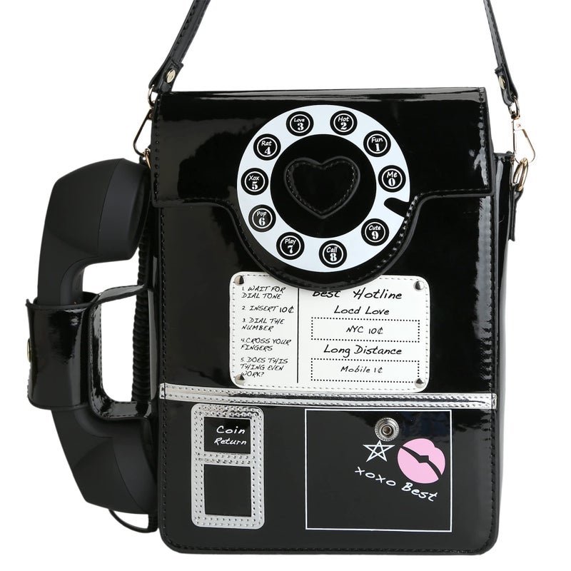 QiMing Retro dial telephone Crossbody Shoulder Bag,Pu Movable microphone Purse for Women(Black B) - Image 5