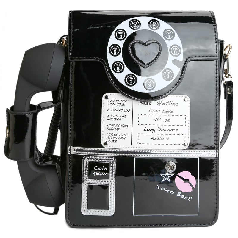 QiMing Retro dial telephone Crossbody Shoulder Bag,Pu Movable microphone Purse for Women(Black B) - Image 1