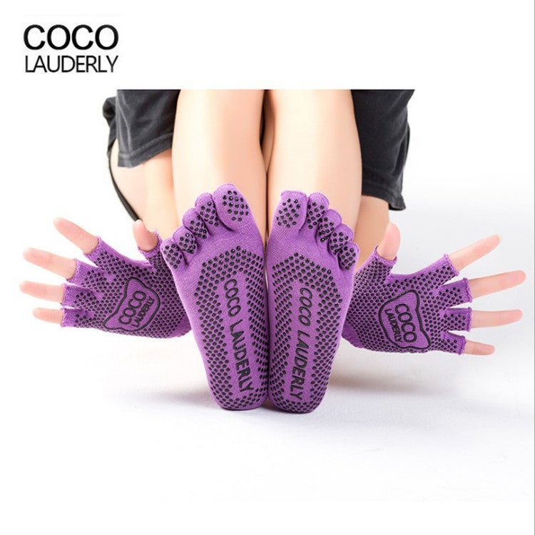 Non-Slip Toeless Yoga Socks and Gloves Set Blue - Image 2
