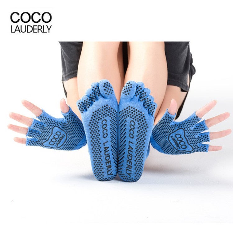 Non-Slip Toeless Yoga Socks and Gloves Set Blue - Image 1