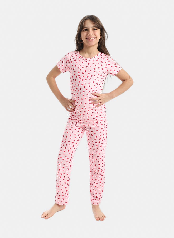 Andora Heart Shaped Sekf Patterened Half Sleeves T-Shirt And Pants Pijama Set _Pink & Red - Image 1