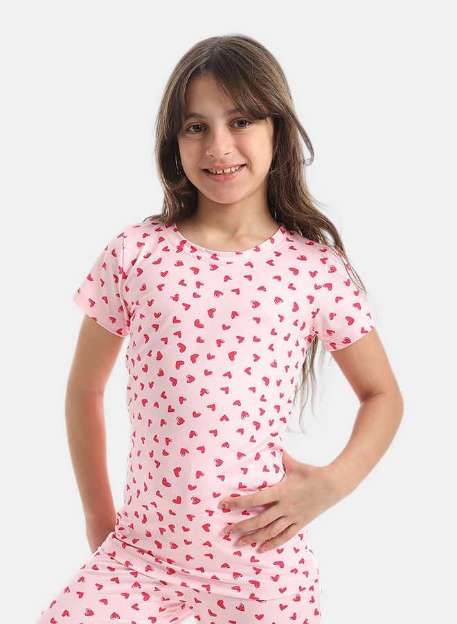 Andora Heart Shaped Sekf Patterened Half Sleeves T-Shirt And Pants Pijama Set _Pink & Red - Image 4