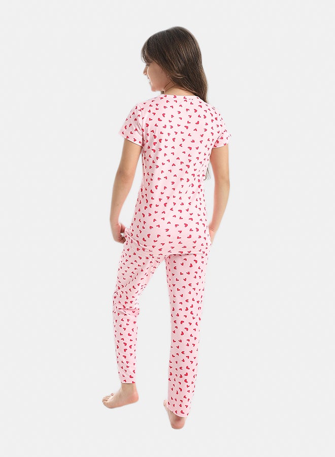 Andora Heart Shaped Sekf Patterened Half Sleeves T-Shirt And Pants Pijama Set _Pink & Red - Image 5
