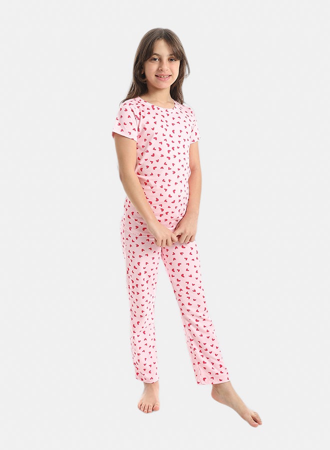 Andora Heart Shaped Sekf Patterened Half Sleeves T-Shirt And Pants Pijama Set _Pink & Red - Image 2
