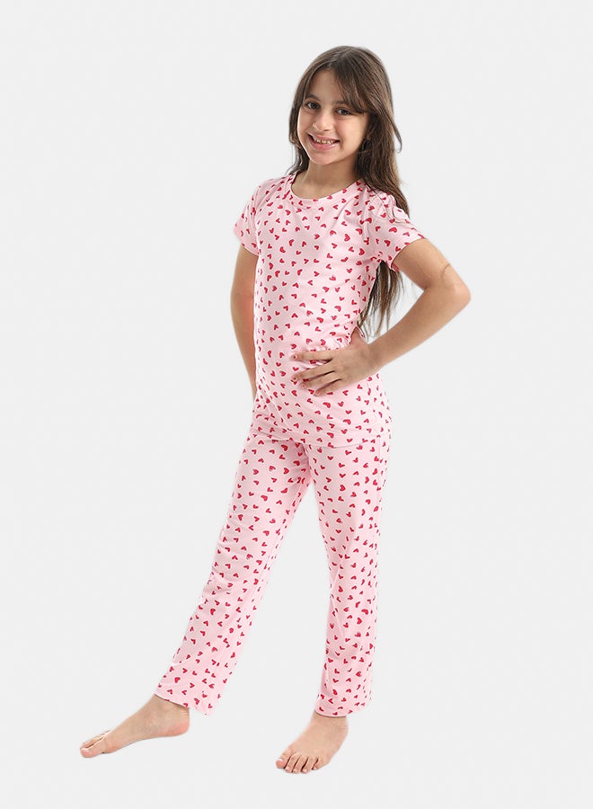 Andora Heart Shaped Sekf Patterened Half Sleeves T-Shirt And Pants Pijama Set _Pink & Red - Image 3
