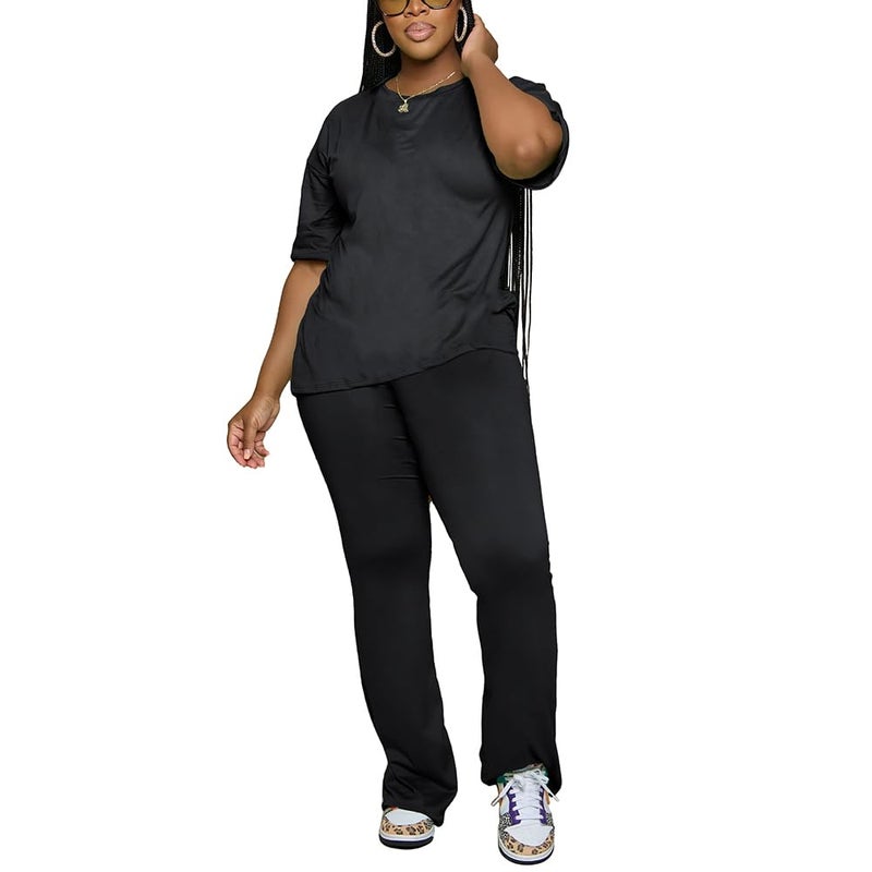 PINSV Womens Sets 2 Piece Outfits Casual Short Sleeve Top and Flare Pants Lounge Sets Tracksuit Black XXL - Image 4