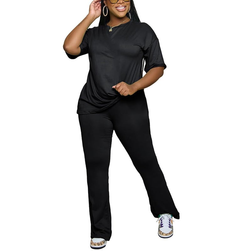 PINSV Womens Sets 2 Piece Outfits Casual Short Sleeve Top and Flare Pants Lounge Sets Tracksuit Black XXL - Image 5