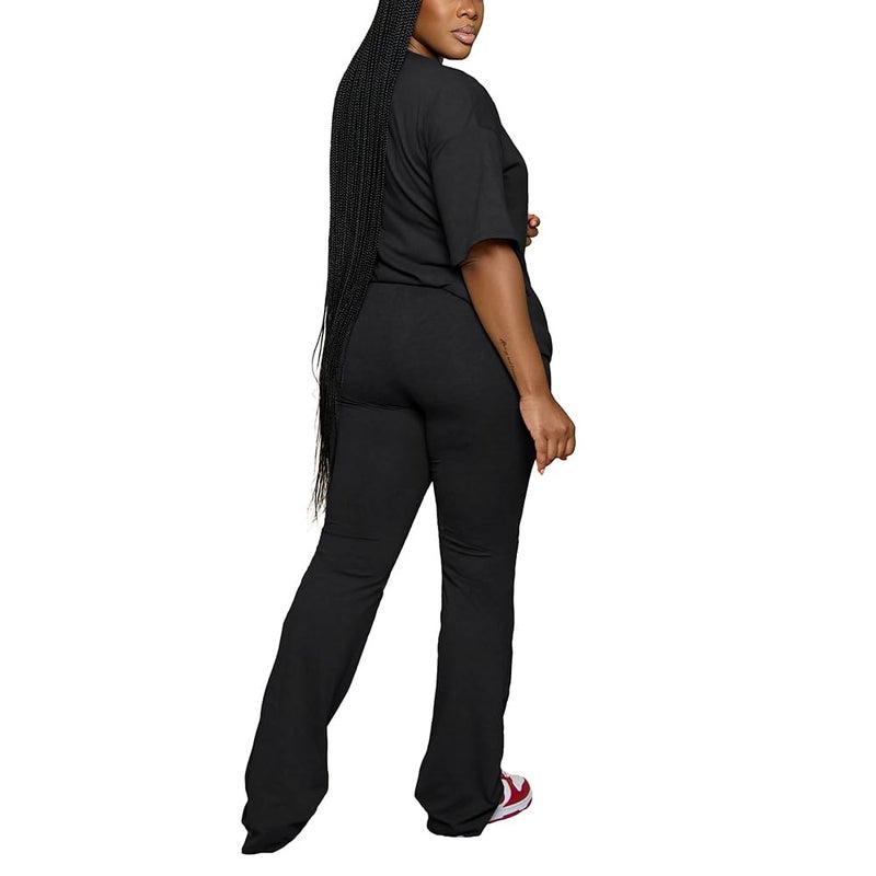 PINSV Womens Sets 2 Piece Outfits Casual Short Sleeve Top and Flare Pants Lounge Sets Tracksuit Black XXL - Image 2