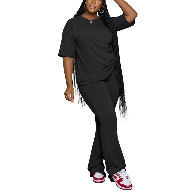 PINSV Womens Sets 2 Piece Outfits Casual Short Sleeve Top and Flare Pants Lounge Sets Tracksuit Black XXL - Image 1
