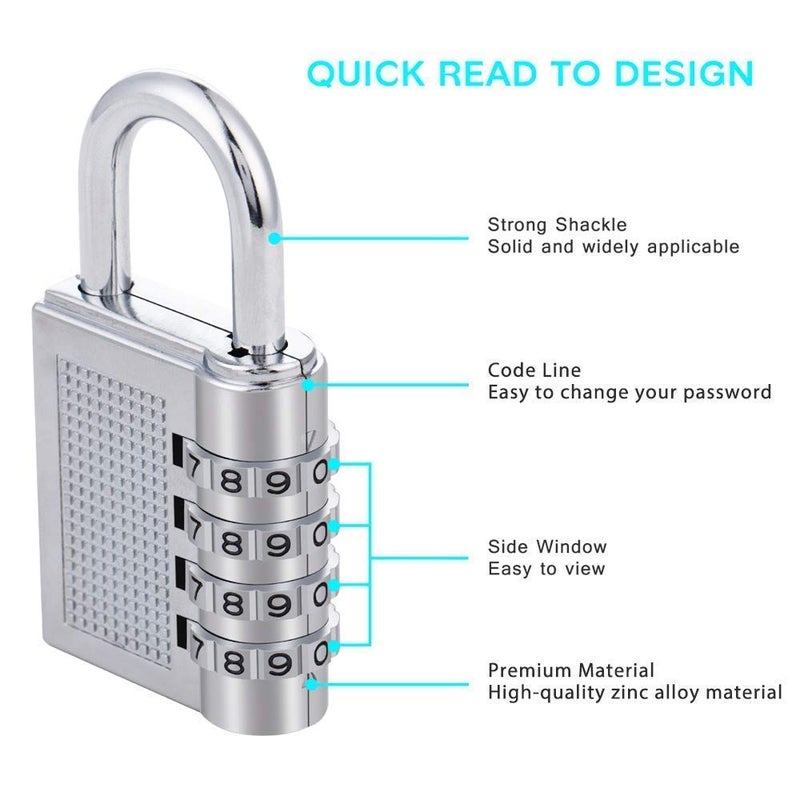 Brozon Heavy-Duty 4 Digit Combination Padlock for Gym, Locker, Luggage, Gate & Toolbox – Zinc Alloy Anti-Rust Resettable Security Lock for Indoor & Outdoor Use (2, Silver) - Image 4