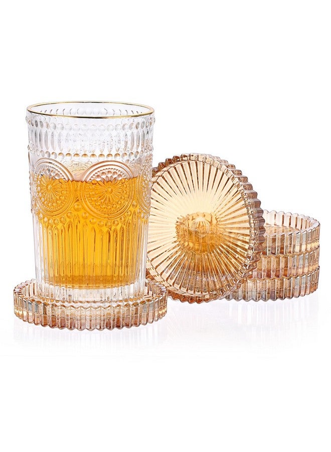 JUXYES 5 Pack Amber Tone Crystal Coasters Round Cup Mat, Glass Coasters For Drinks Coffee Tea Wine, Decorative Wine Bottle Coasters, Crystal Drink Coasters For Restaurant Bar Kitchen Dining Table - Image 1