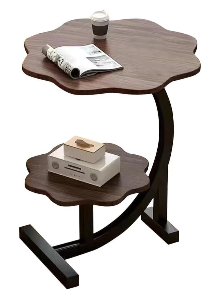 ديكور هيلز طاولة جانبية من ديكور هيلز بطابقين، طاولة صينية على شكل زهرة، تتطلب تجميعًا يدويًا، طاولة أريكة على شكل حرف C، طاولة جانبية متنقلة سميكة ومتينة لغرفة المعيشة والأريكة وغرفة النوم - لون الجوز - Image 1