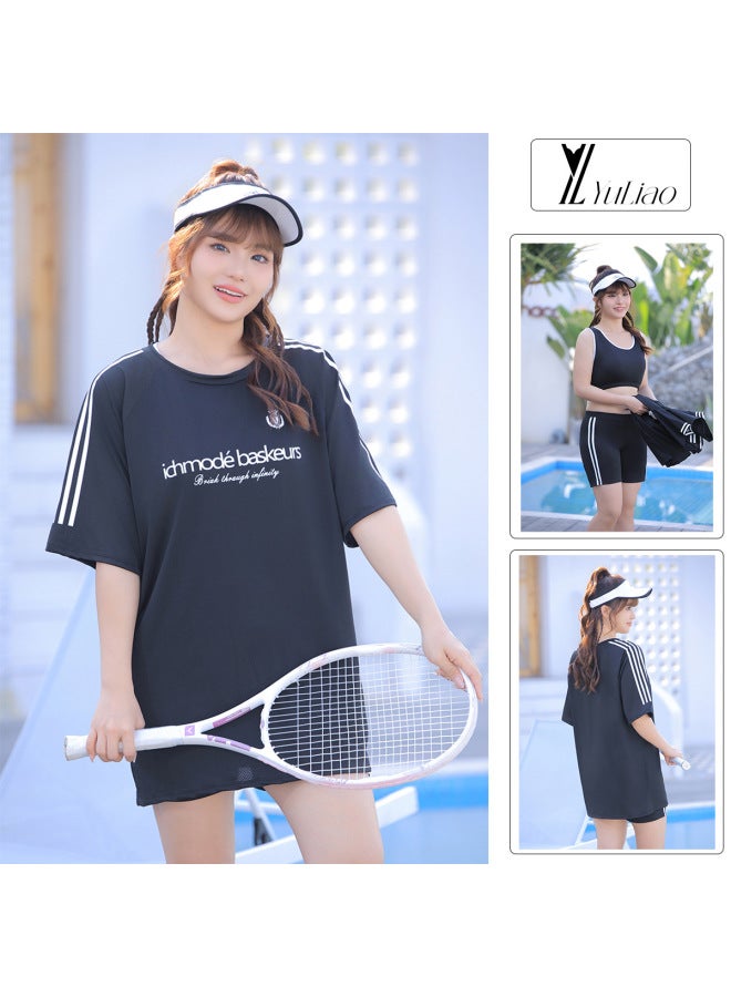 Plus Size Swimsuit Women's Split Three-Piece Sports Blouse Chubby Girl's Belly-Covering Conservative Hot Spring Swimsuit-Colour:White-