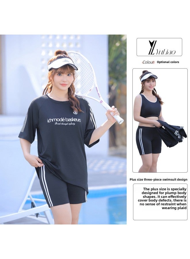 Plus Size Swimsuit Women's Split Three-Piece Sports Blouse Chubby Girl's Belly-Covering Conservative Hot Spring Swimsuit-Colour:White-