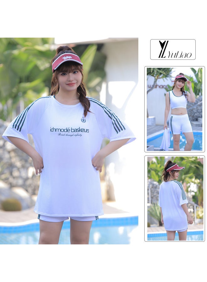 Plus Size Swimsuit Women's Split Three-Piece Sports Blouse Chubby Girl's Belly-Covering Conservative Hot Spring Swimsuit-Colour:White-