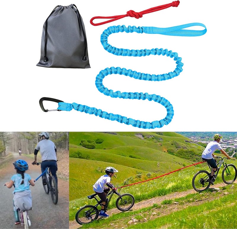 klarako Bike Tow Rope Bungee Towing Strap Road MTB Bicycle Pulling Strap Cycling Shock Absorbing with Carabiner Easier Hill Climbs for Kids Women Men Riding - Blue - Image 4