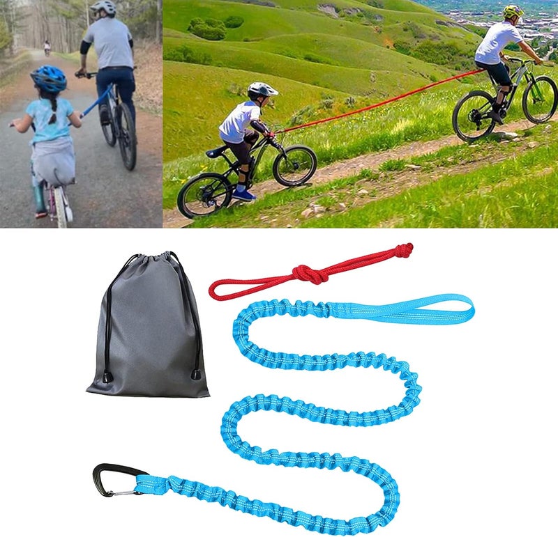 klarako Bike Tow Rope Bungee Towing Strap Road MTB Bicycle Pulling Strap Cycling Shock Absorbing with Carabiner Easier Hill Climbs for Kids Women Men Riding - Blue - Image 3