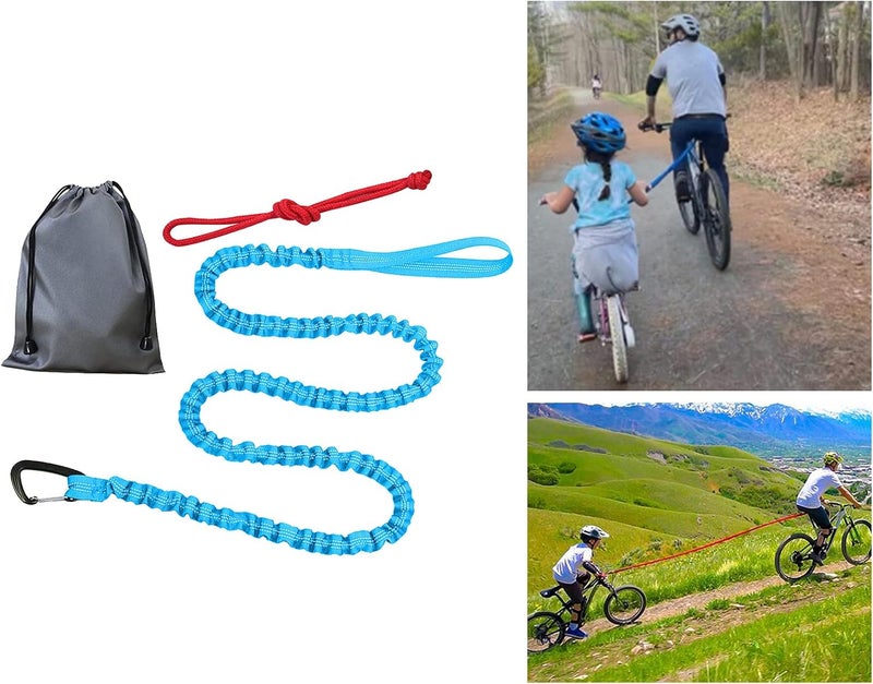 klarako Bike Tow Rope Bungee Towing Strap Road MTB Bicycle Pulling Strap Cycling Shock Absorbing with Carabiner Easier Hill Climbs for Kids Women Men Riding - Blue - Image 2