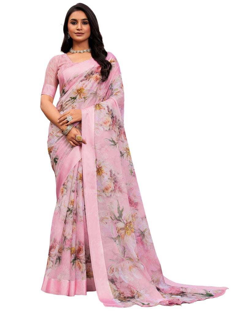 SIRIL Women's Georgette Printed Satin Border Saree With Unstitched Blouse Piece (4333S999_Baby Pink) - Image 1