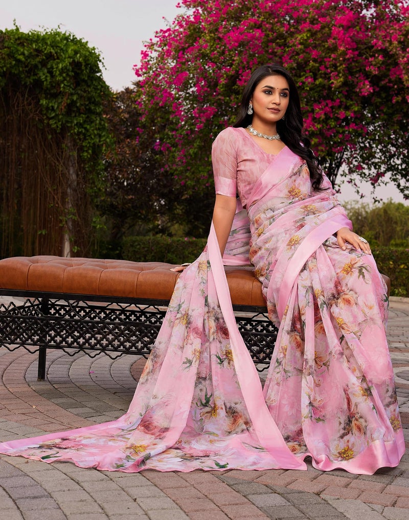 SIRIL Women's Georgette Printed Satin Border Saree With Unstitched Blouse Piece (4333S999_Baby Pink) - Image 4