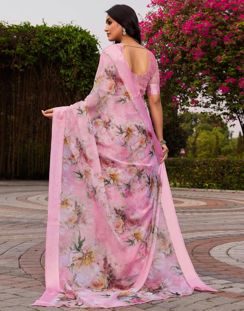 SIRIL Women's Georgette Printed Satin Border Saree With Unstitched Blouse Piece (4333S999_Baby Pink) - Image 3