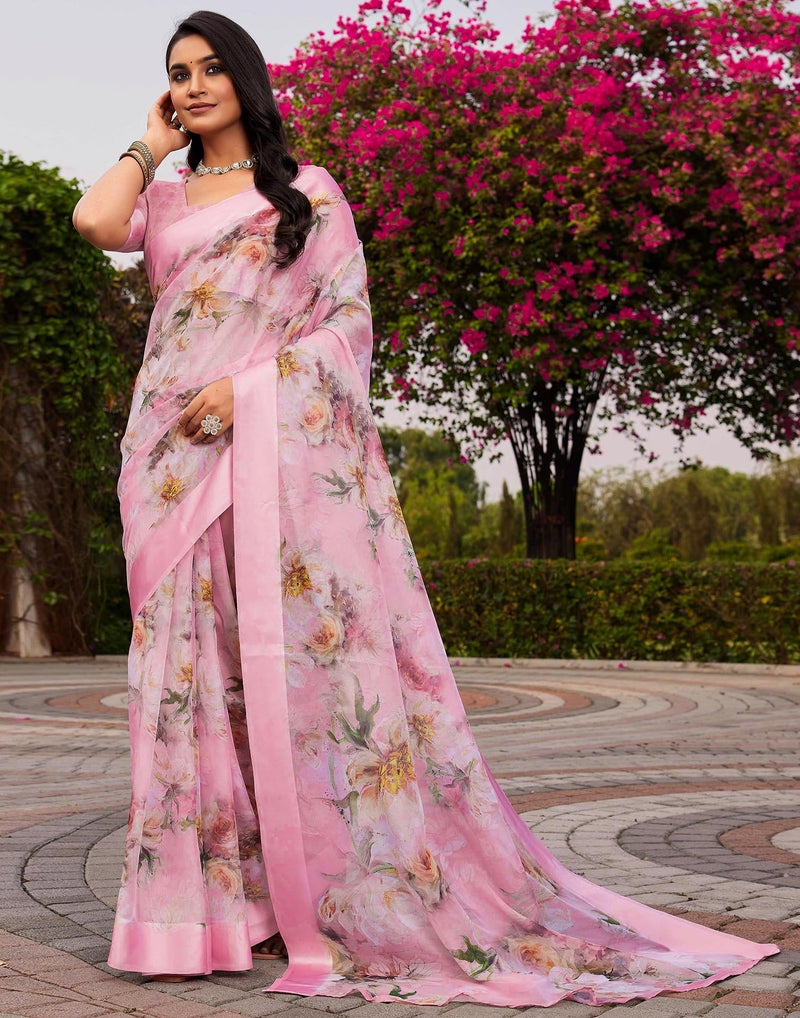 SIRIL Women's Georgette Printed Satin Border Saree With Unstitched Blouse Piece (4333S999_Baby Pink) - Image 2