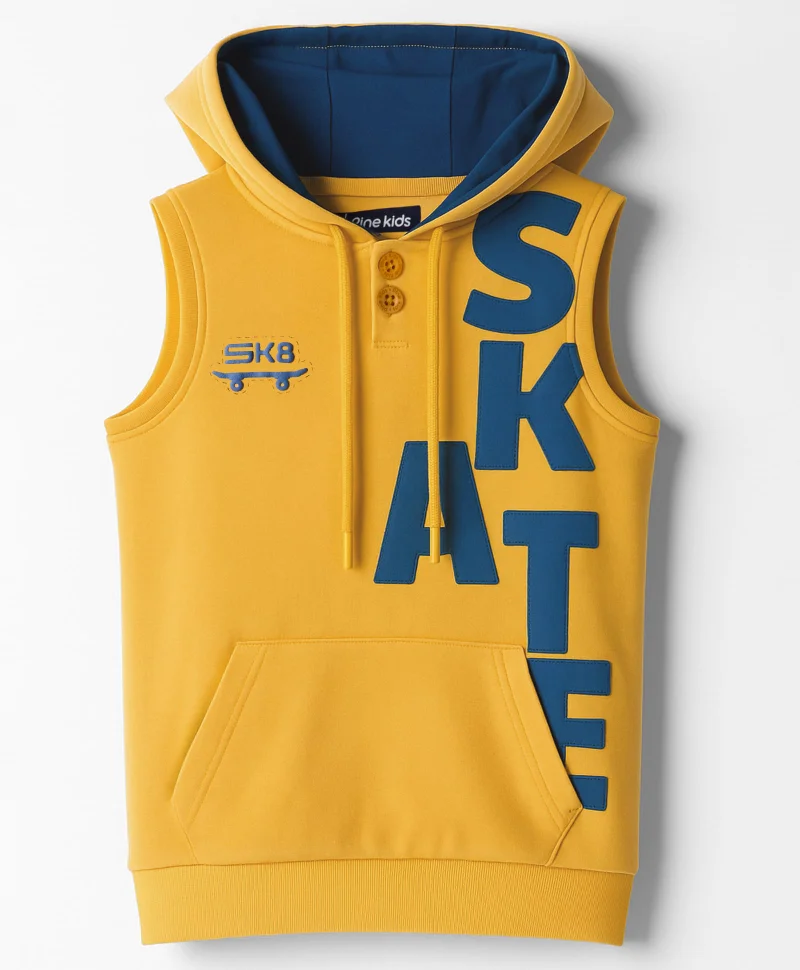 Pine Kids Pine Kids Cotton Knit Sleeves Hooded T-Shirt with Text Patch Detailing & Kangaroo Pocket - Yellow