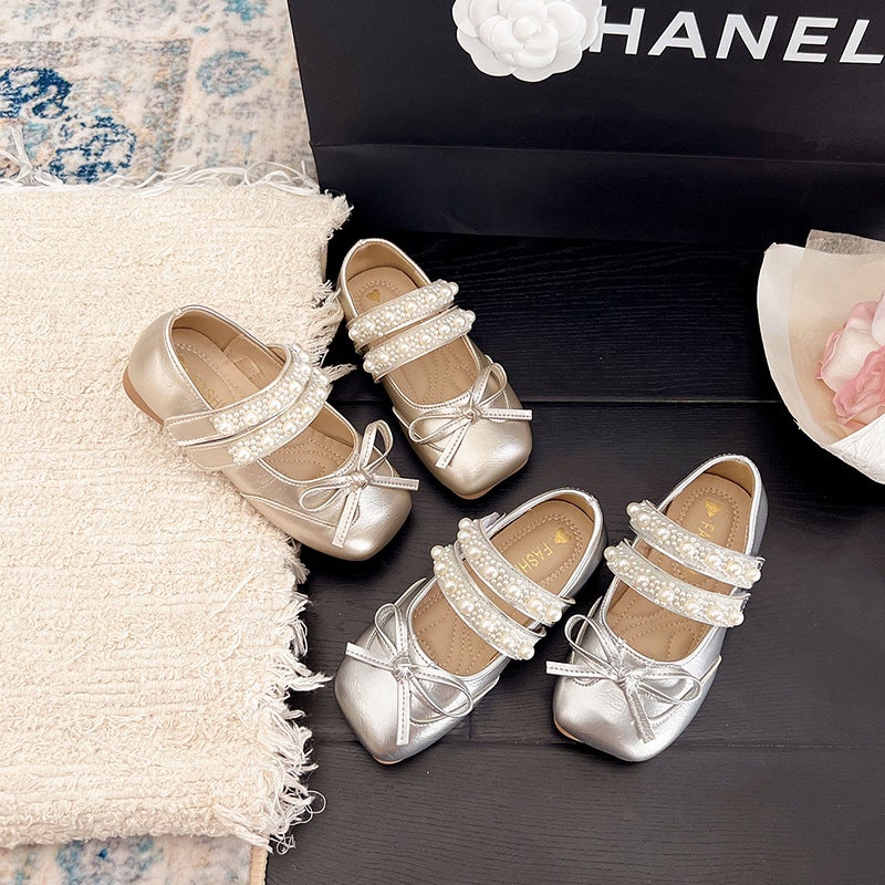 Girls'' Leather Shoes 2026 Spring and Autumn Stylish Ballet-Style Princess Shoes with Pearl Velcro Children''s Flat Shoes - Image 4