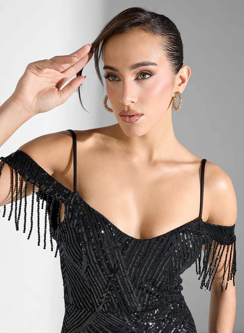 Ginger Boutique Sequin Fringe Evening Dress