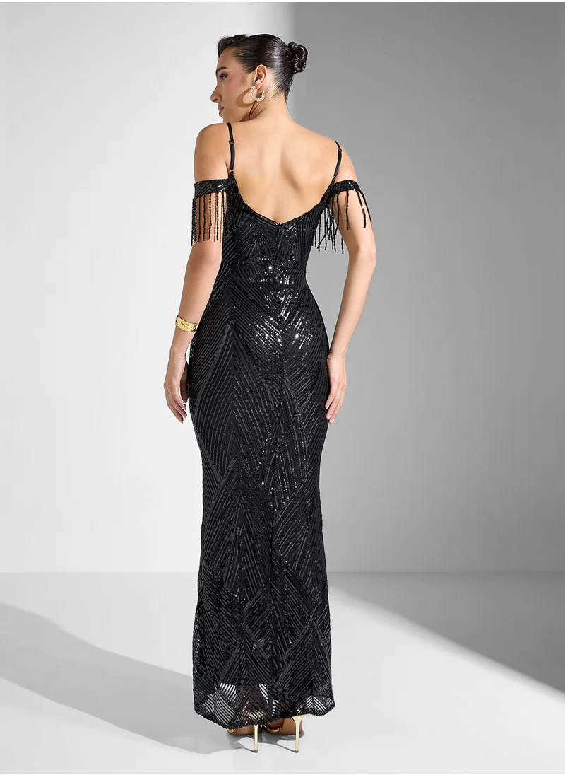 جينجر بوتيك Cold Shoulder Crystal Tassel Embellished Evening Dress