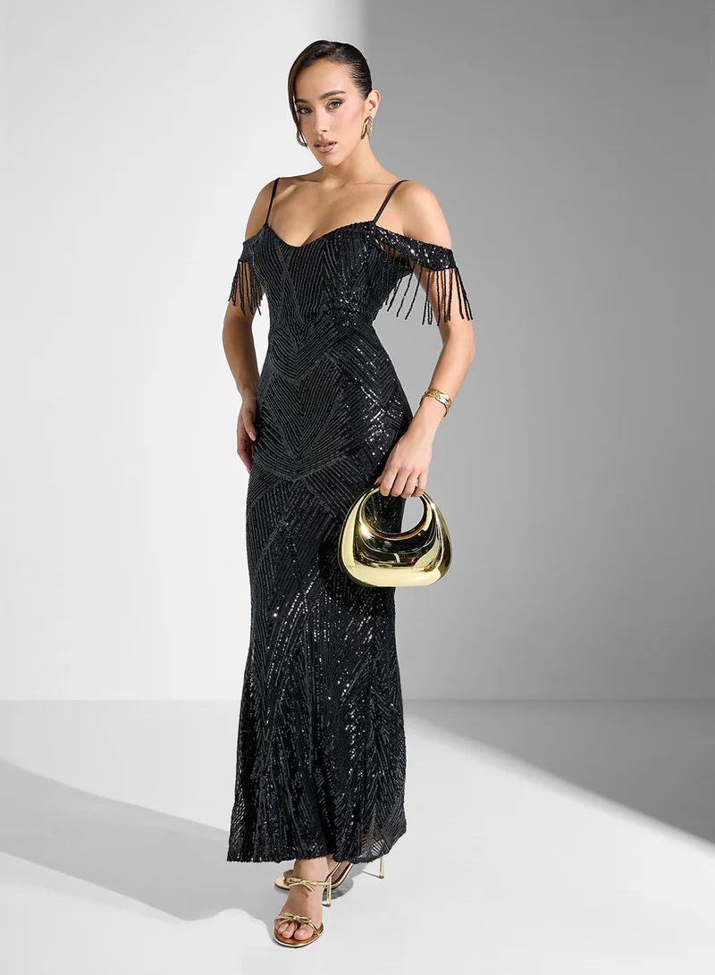 Ginger Boutique Sequin Fringe Evening Dress