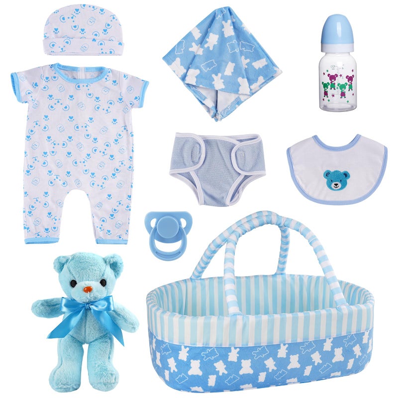 BABESIDE 9 Pcs Reborn Baby Doll Clothes Set for 1722 Inch Dolls Reborn Baby Dolls Accessories Doll Bassinet with Bottle Pacifier for Realistic Babydolls Blue - Image 2
