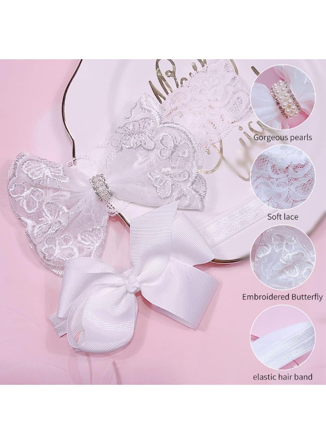 Nishine Nishine 2 Pack Baptism White Newborn Bowknot Headbands Baby Christening Hair Bows Headwrap Toddler Hairband  - Image 4